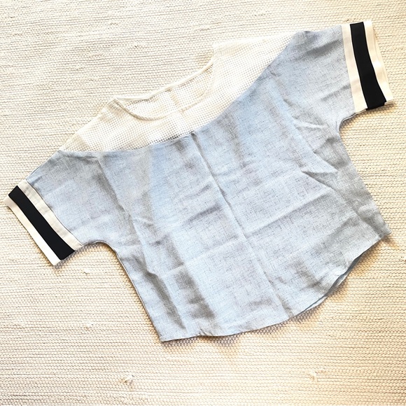 Korean Fashion Real Coco Linen Blend Crew Neck Short Sleeve Blouse Light Blue - Picture 1 of 6